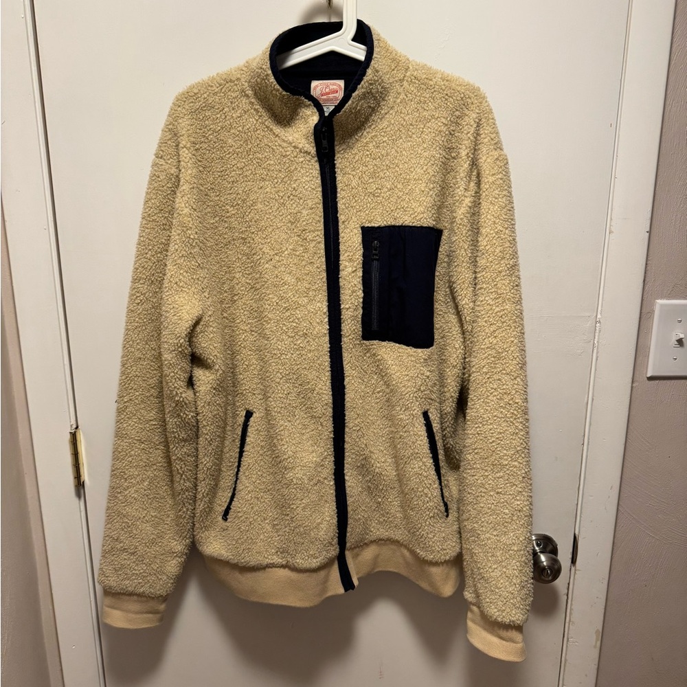 J. Crew Tan Fleece Jacket with Navy Trim